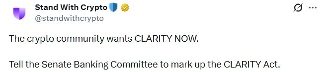 
			Организация &laquo;Stand With Crypto&raquo; призывает Сенат принять срочные меры в отношении закона CLARITY		