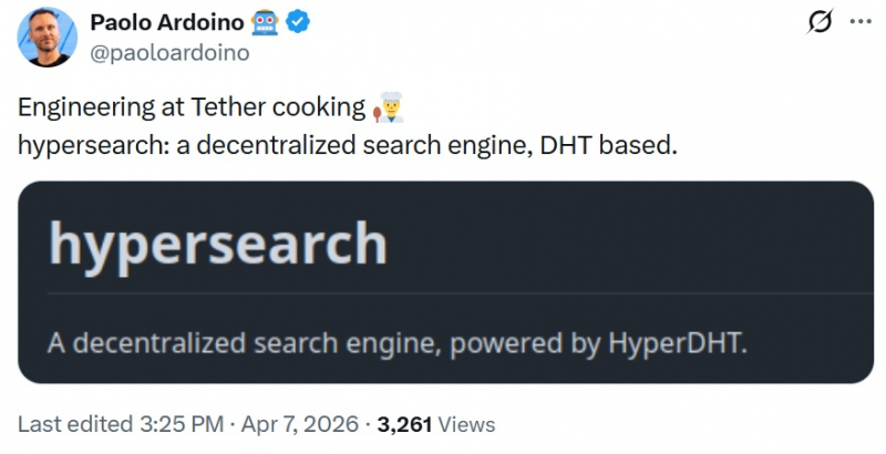 
			Tether начала разработку децентрализованного поисковика Hypersearch		